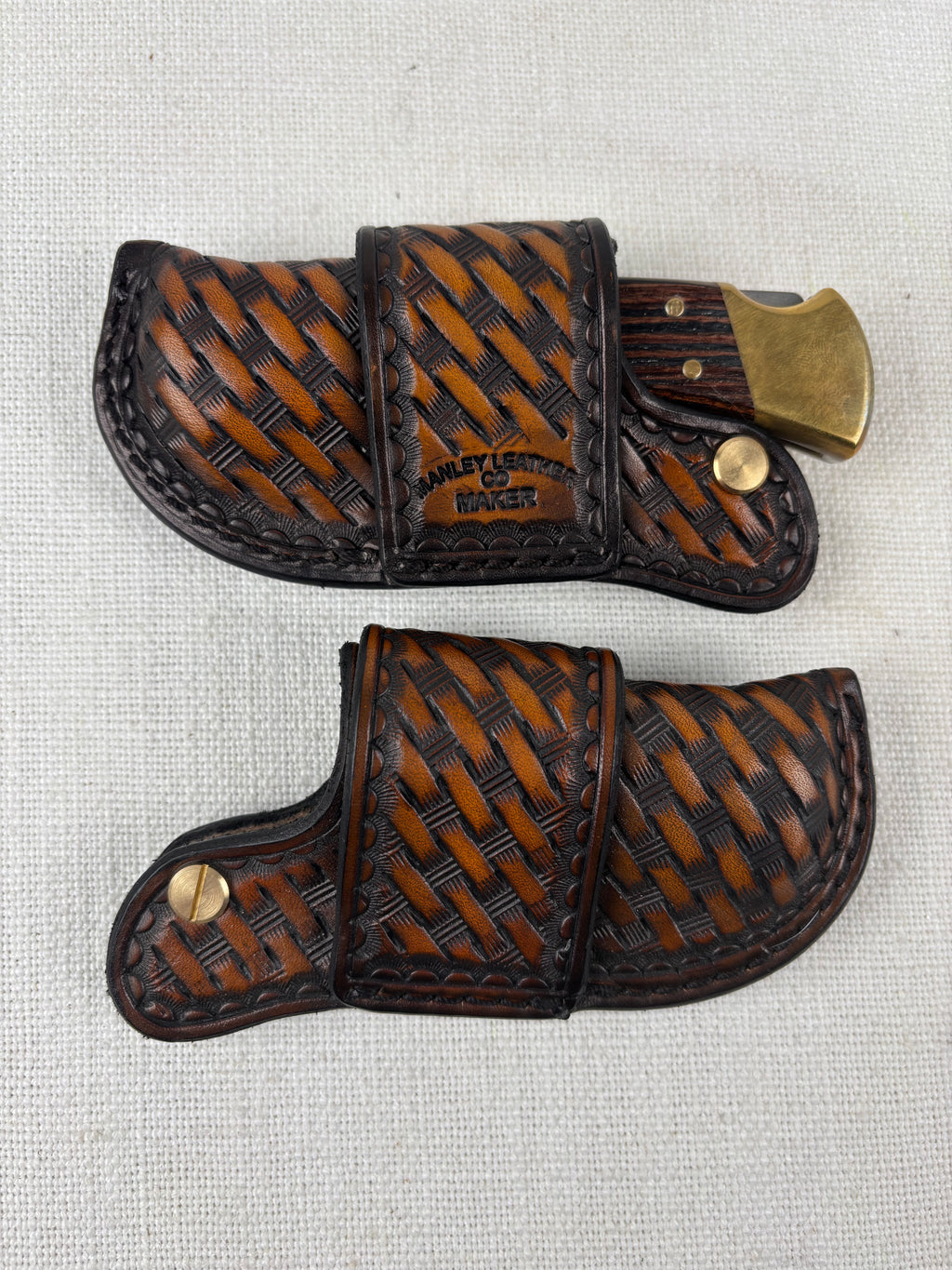 Auto Opening Sheath Buck 110 Basketweave Tooled Leather