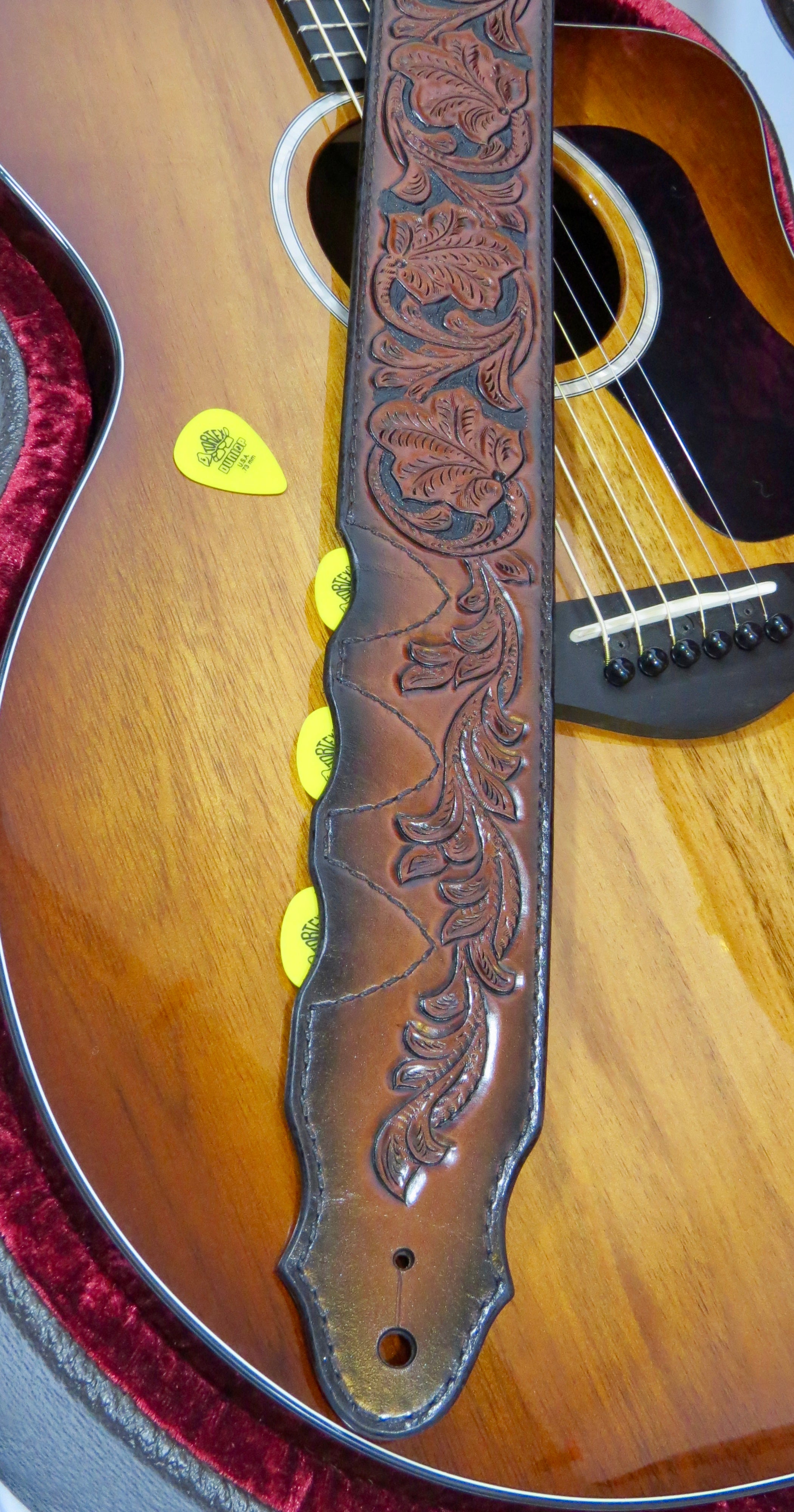 Hand Tooled Leather Guitar Strap, 3 Pick Holders, 2 1/4" wide.