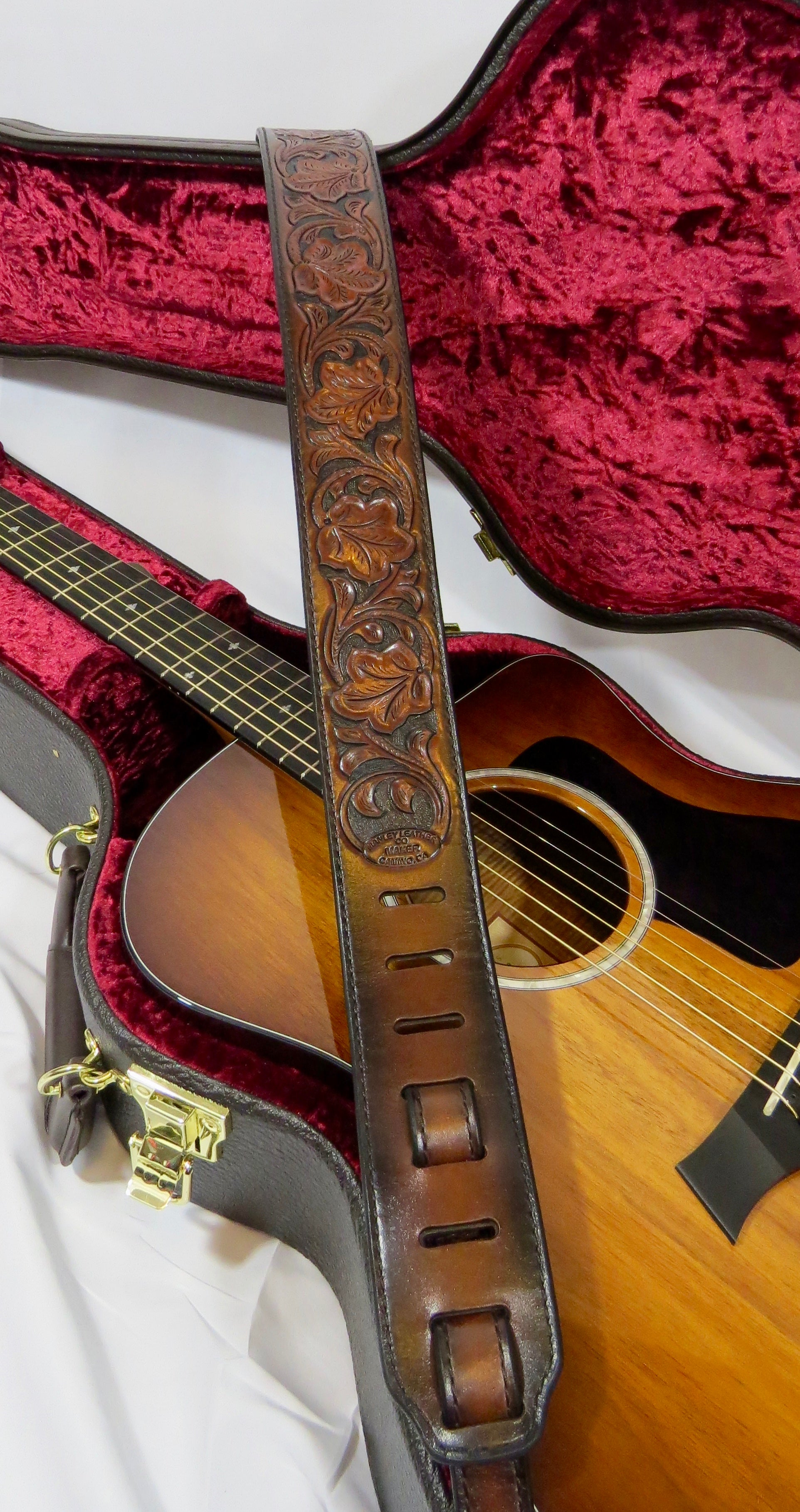 Hand Tooled Leather Guitar Strap, 3 Pick Holders, 2 1/4" wide.